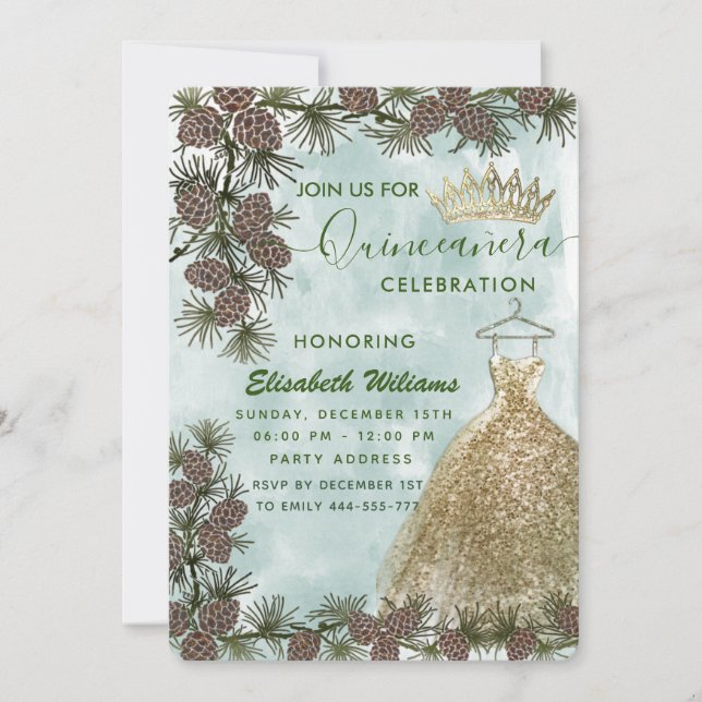 Kiefernzapfen Aquarellgold Tiara Quinceañera Einladung (Vorderseite)