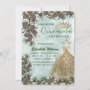 Kiefernzapfen Aquarellgold Tiara Quinceañera Einladung
