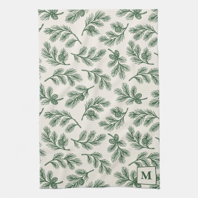 Kiefernzweig-Lane-Pinecone Druck & Monogramm Detai Geschirrtuch (Vertikal)