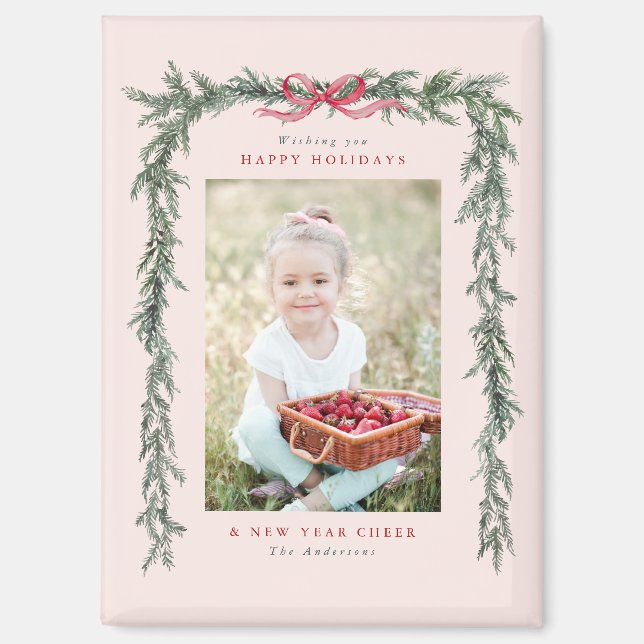 Kiefernzweig Rahmen Foto Rosa Weihnachten Magnet (Vorderseite)