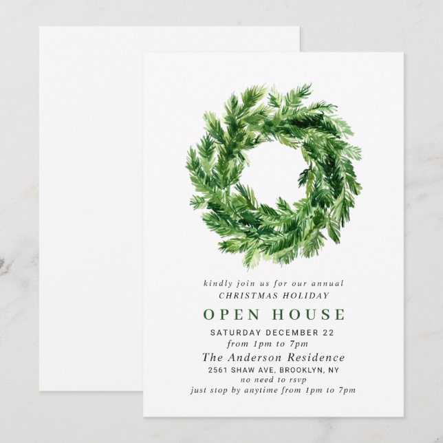 Kiefernzweig Wreath CHRISTMAS HOLIDAY OPEN HOUSE Einladung (Vorne/Hinten)