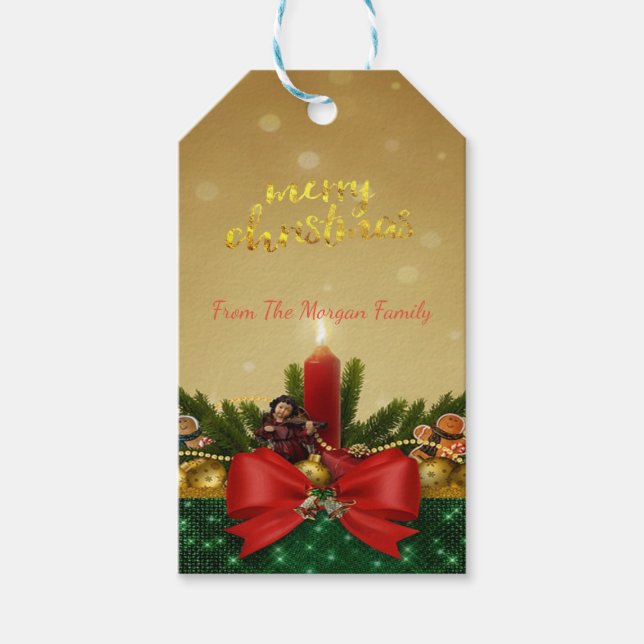 Kiefernzweige, Roter Bogen, Kerze, Frohe Weihnacht Geschenkanhänger (Vorderseite)