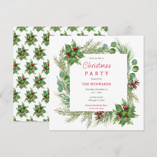 Kiefernzweige und Berries Weihnachtsfest-Party Einladung (Vorne/Hinten)