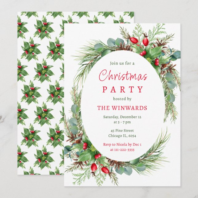 Kiefernzweige und Berries Weihnachtsfest-Party Einladung (Vorne/Hinten)