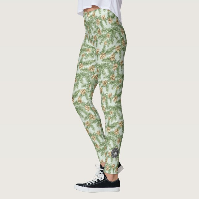 Kiefernzweige und Kiefernkiefer Wasserfarbmuster Leggings (Links)