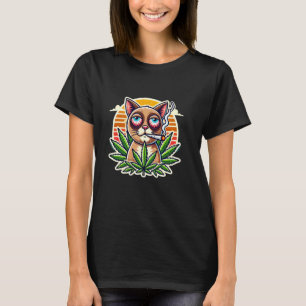 Kiffer-Katze raucht Gras Retro-Sonnenuntergang T-Shirt