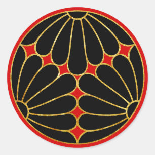 Kiku Chrysanthemum Mon Imitat schwarz auf rot Runder Aufkleber