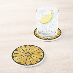 Kiku Chrysanthemum Mon in Imitaten Gold auf schwar Getränkeuntersetzer