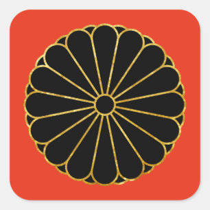 Kiku Chrysanthemum Mond Gold schwarz auf rot Quadratischer Aufkleber