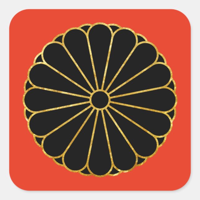 Kiku Chrysanthemum Mond Gold schwarz auf rot Quadratischer Aufkleber (Vorderseite)