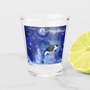 Killer Wal on Full Moon - Art Zeichn - Blau Schnapsglas