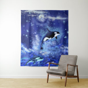 Killer Wale auf Blue Full Moon Tapestry Malerei Wandteppich