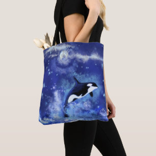 Killer Whale auf Vollmond Blue Tote Bag Tasche