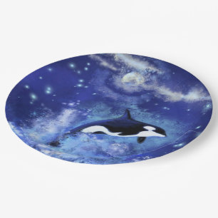Killer Whale on Full Moon - Art Zeichn - Blau Pappteller