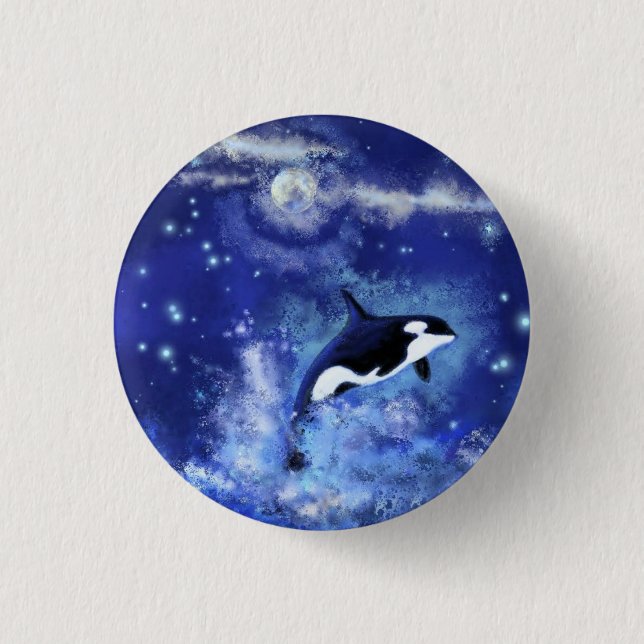 Killer Whale on Full Moon - Kunst Zeichnend Button (Vorderseite)