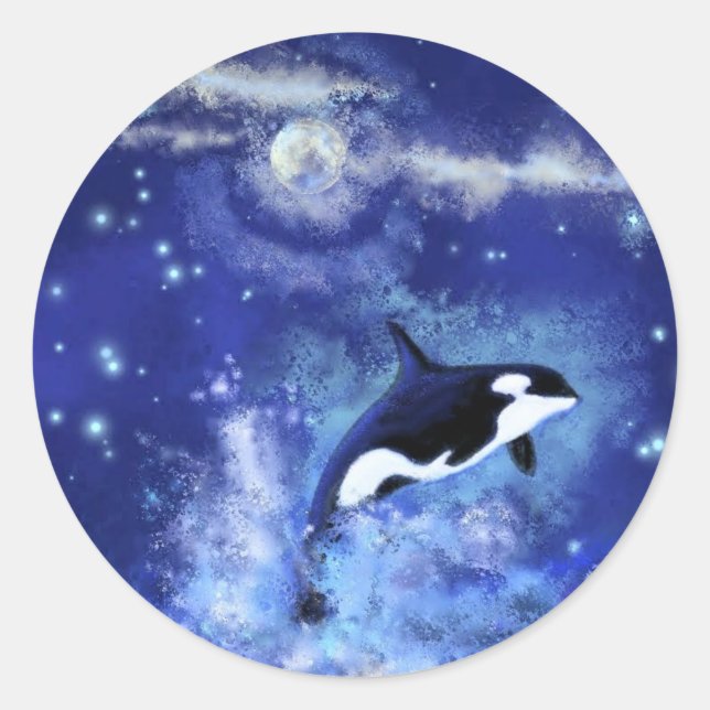 Killer Whale on Full Moon - Kunst Zeichnend Runder Aufkleber (Vorderseite)