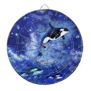 Killer Whales auf Vollmond Blue Dart Board Dartscheibe