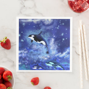 Killer Whales auf Vollmond Napkins Blaue Nacht Serviette