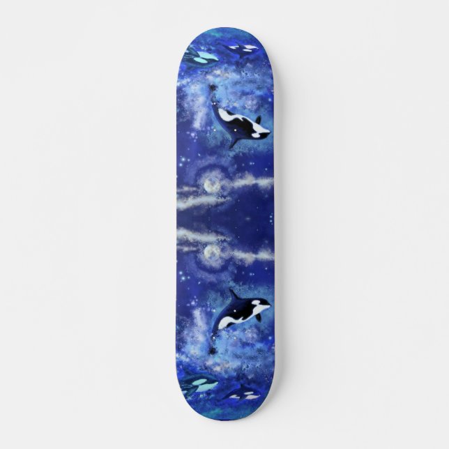Killerwale auf Vollmond - Kunst Zeichne blau Skateboard (Vorne)