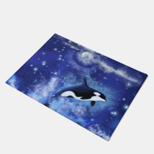 Killerwale auf Vollmond - Kunst Zeichnend - Blau Fußmatte