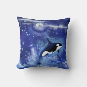 Killerwale auf Vollmond - Kunst Zeichnend - Blau Kissen