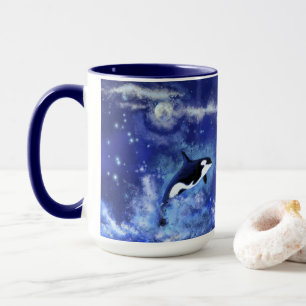 Killerwale auf Vollmond - Kunst Zeichnend Blau Tasse