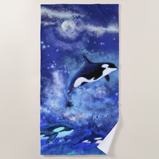 Killerwale auf Vollmond - Kunst Zeichnend Strandtuch (Vorderseite)