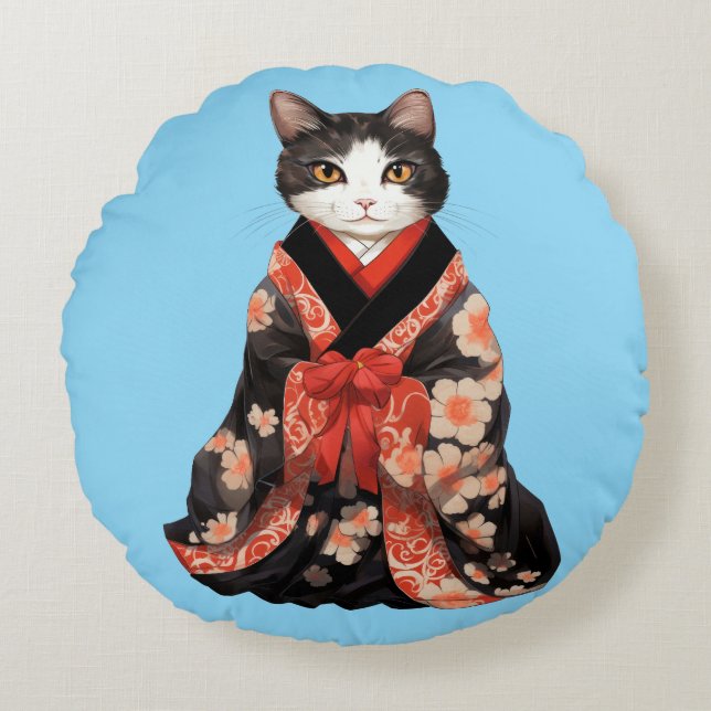 Kimono Cat (BLUE) Rundes Kissen (Vorderseite)