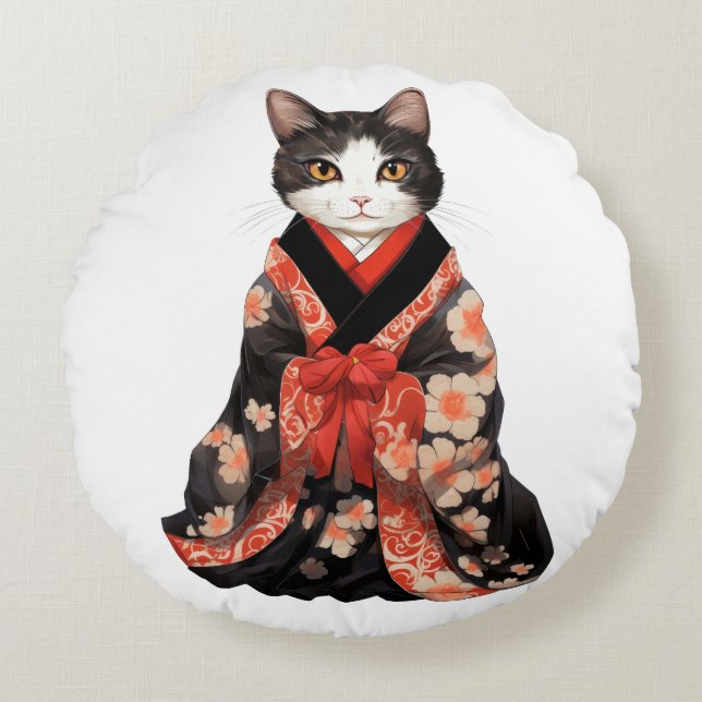 Kimono Cat Rundes Kissen (Vorderseite)