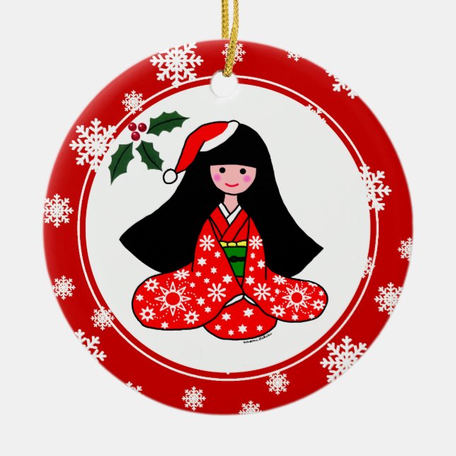 Kimono Girl Weihnachten Cartoon Schneeflocken Keramikornament (Vorne)