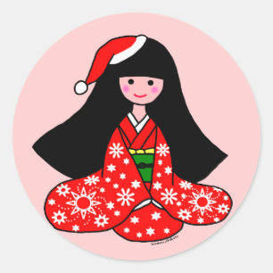 Kimono Girl Weihnachts-Cartoon Illustration Runder Aufkleber