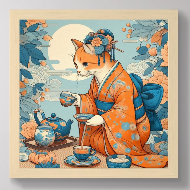 Kimono Kitty mit Tee Japanisch Orange Blue Poster (Von Creator hochgeladen)