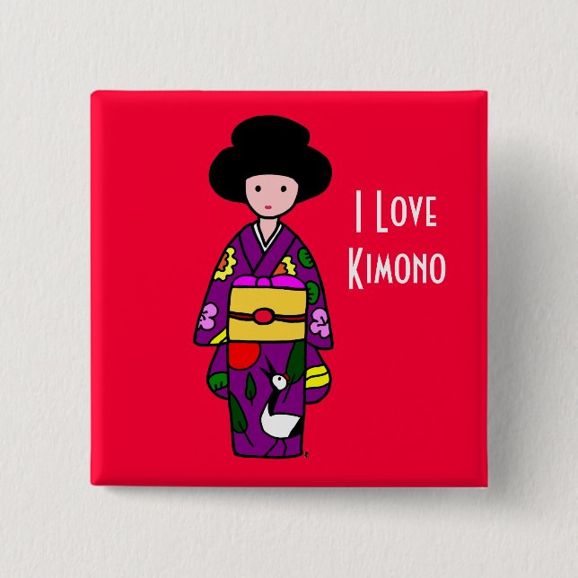 Kimono-Mädchen-lila Cartoon Button (Vorderseite)