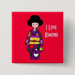 Kimono-Mädchen-lila Cartoon Button