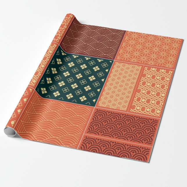 Kimono Mix Pattern Red Geschenkpapier (Ungerollt)