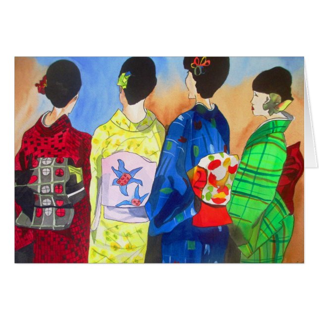 Kimono printemps japonais Geisha aquarelle art (Devant horizontal)