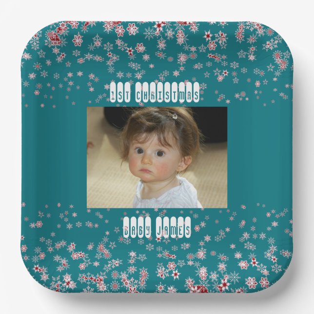 Kind 1. Weihnachts Blue Star Snowflake Custom Foto Pappteller (Vorderseite)