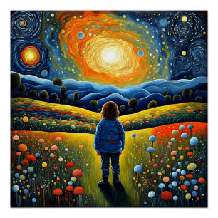 Kind blickt in den Sternenhimmel und wundert sich Poster