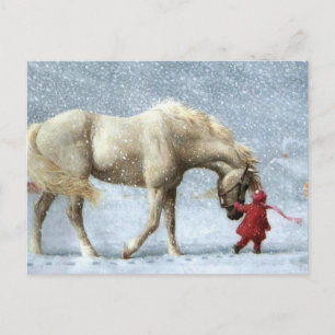 Kind, das ein Pferd im Schnee führt Postkarte