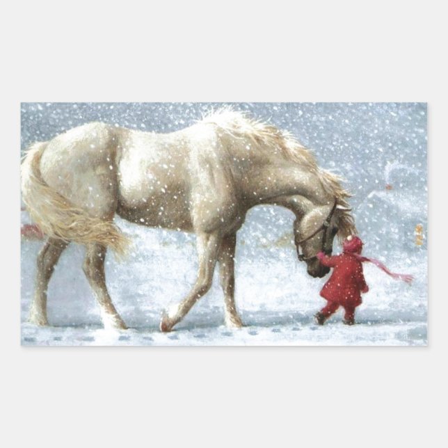 Kind, das ein Pferd im Schnee führt Rechteckiger Aufkleber (Vorderseite)