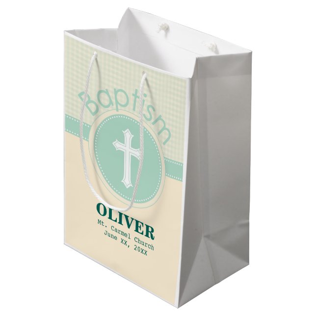 Kind der Taufe Gottes, neutrales Grün des Geschlec Mittlere Geschenktüte (Vorderseite Schrägansicht)