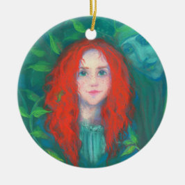 Kind des Waldes, rot-haariges Mädchen, grüne Farbt Keramik Ornament