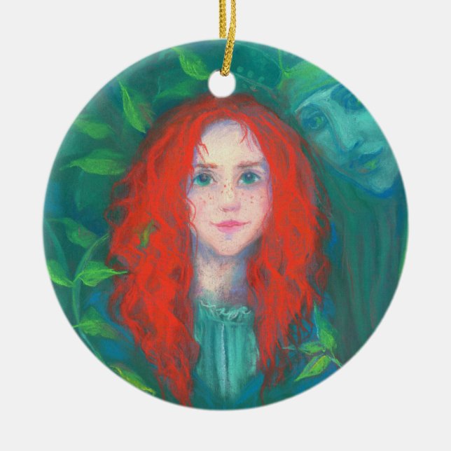 Kind des Waldes, rot-haariges Mädchen, grüne Farbt Keramik Ornament (Vorne)