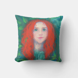 Kind des Waldes, rot-haariges Mädchen, grüne Farbt Kissen