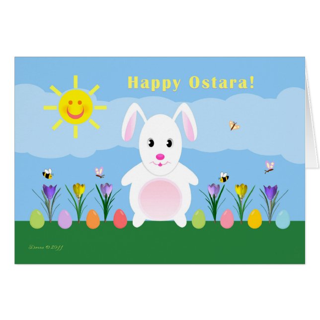 Kind - glückliches Ostara - Häschen im Garten (Vorderseite (Horizontal))