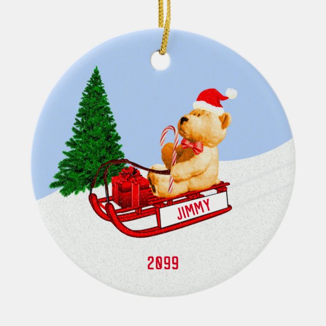 Kind Großkinder Teddy Bär auf Schlitten derzeit Keramik Ornament (Vorne)