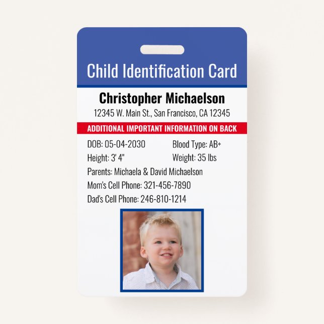 Kind-ID-Identifikation Notfallallergie-Foto Ausweis (Vorderseite)
