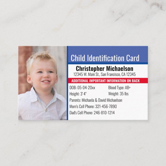 Kind-ID-Identifikation Notfallallergie-Foto Visitenkarte (Vorderseite)