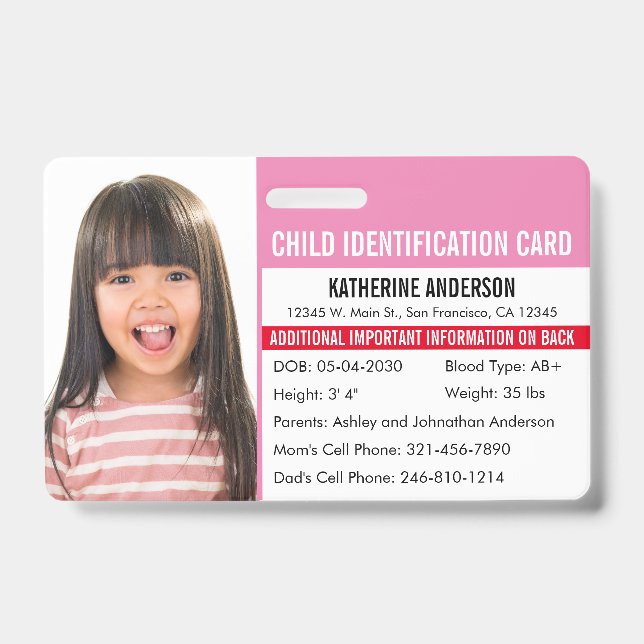 Kind-ID Medizinische Identifikation Notfallallergi Ausweis (Front)