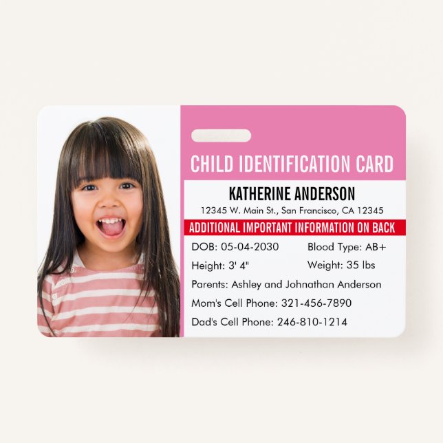 Kind-ID Medizinische Identifikation Notfallallergi Ausweis (Vorderseite)